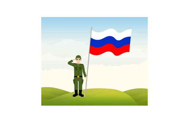 Tentara Rusia dengan bendera Rusia - Stok Vektor