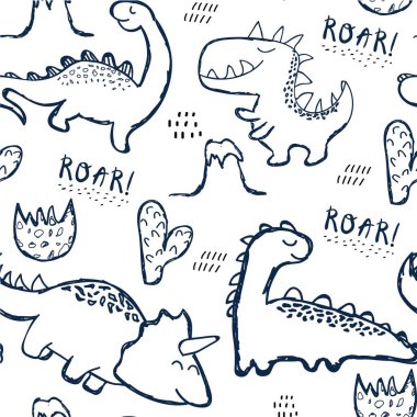 Moda kıyafetleri, kumaşlar ve tişörtler için çocuksu dinazorların kusursuz desenleri. Harflerle çizilmiş el vektörü.