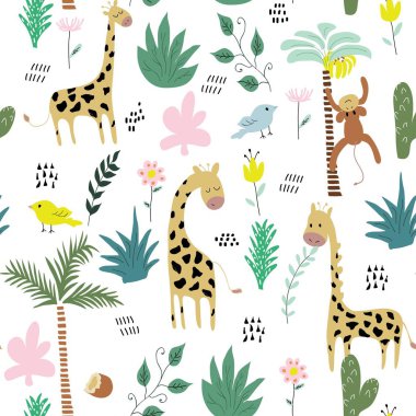 çocukça orman doku zürafa, maymun, kuş ve tropikal elemanları ile. Dikişsiz desen vektör çizim.