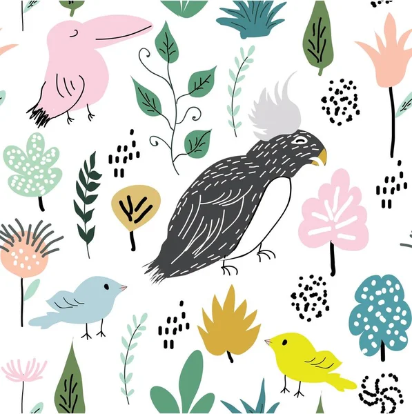 Texture Jungle Avec Oiseaux Éléments Jungle Vecteur Motif Sans Couture — Image vectorielle