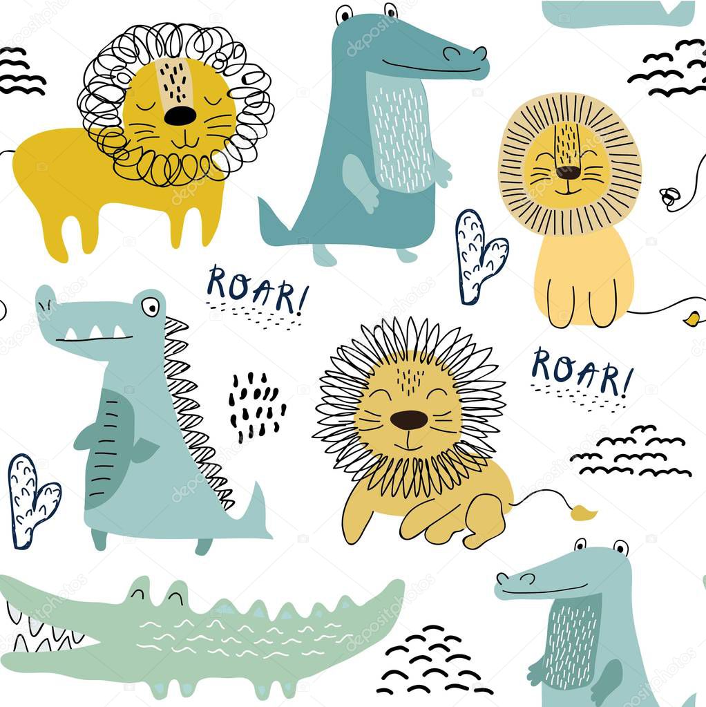Seamless pattern with crocodile and lions, background for kids fabric, textile, nursery decoration,wrapping paper.