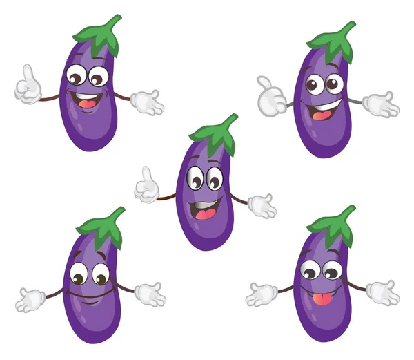 Jeu Caractères Aubergine Mignon Illustration Vectorielle Dessin Animé — Image vectorielle