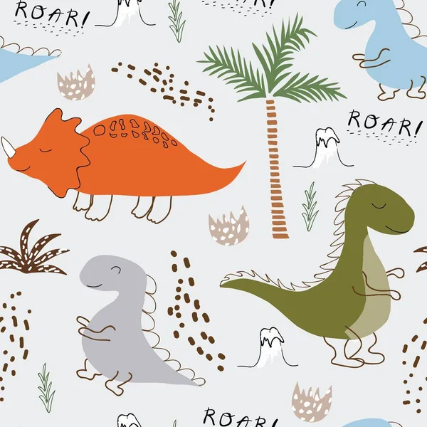 Kinderlijke Dinosaurus Naadloos Patroon Voor Mode Kleding Stof Shirts Handgetekende — Stockvector