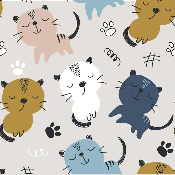 Απρόσκοπτη Μοτίβο Χαριτωμένα Γάτες Εικονογράφηση Διάνυσμα Κλωστοϋφαντουργικών Προϊόντων Ύφασμα — Διανυσματικό Αρχείο