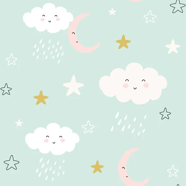 Nahtloses Muster Mit Niedlichen Wolken Und Regentropfen Vektorillustration — Stockvektor