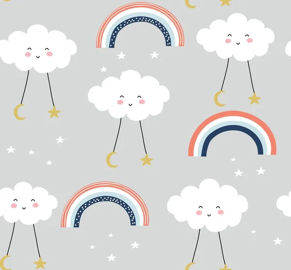 Seamless Pattern Cute Clouds Rainbows Vector Illustration — Stock Vector