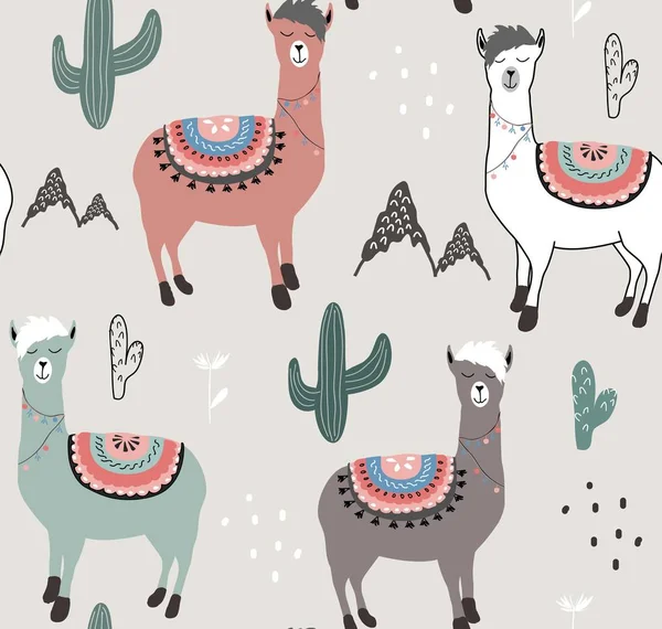 Seamless Pattern Llama Cactus Vector Illustration Fabric Textile Wallpaper — Stock Vector