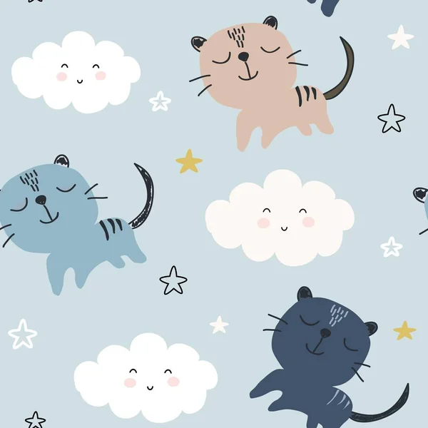 Jednolity wzór ładny chmury i koty. ilustracja wektorowa, — Wektor stockowy