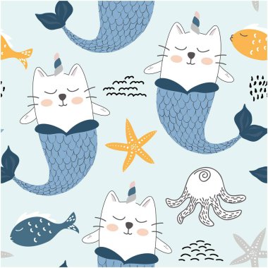 şirin tek boynuzlu at kedi Deniz kızları. çocukça seamless modeli için kumaş, tekstil. vektör çizim