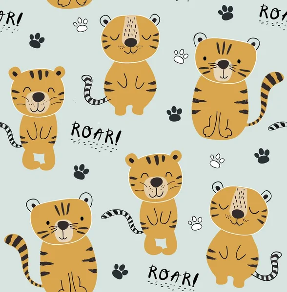 Patrón divertido tigres sin costura, ilustración infantil para la tela, guardería de los niños, ropa — Archivo Imágenes Vectoriales