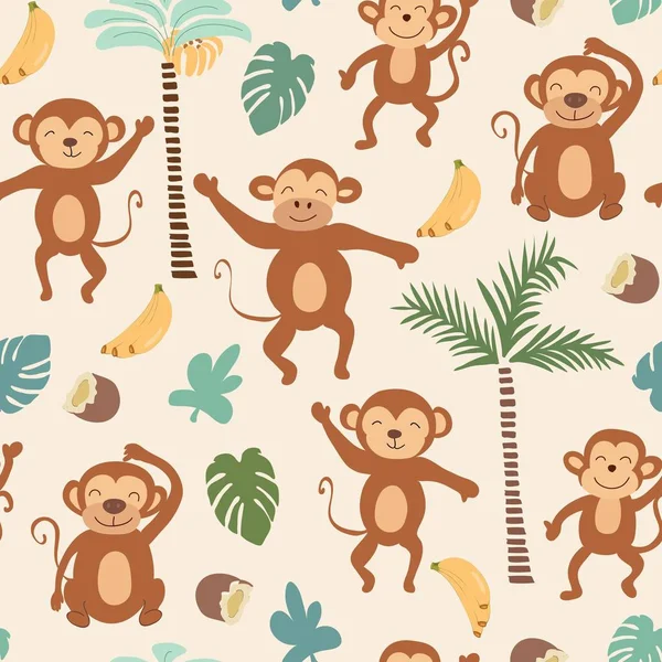 Textura infantil da selva com macacos e elementos da selva. ilustração vetor padrão sem costura —  Vetores de Stock