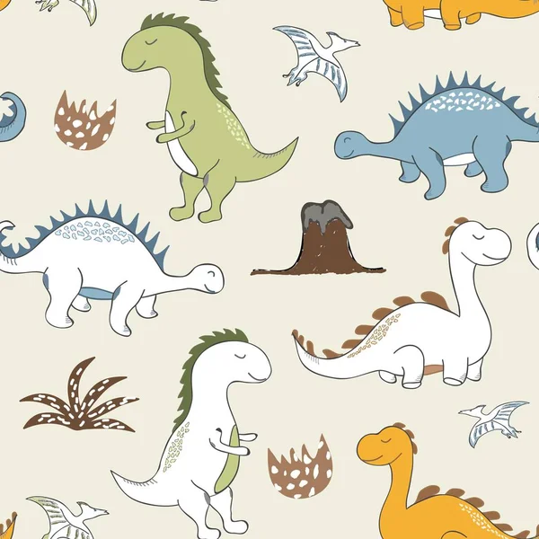 Barnslig dinosaurie sömlöst mönster för mode kläder, tyg, t-shirts. handritad vektor — Stock vektor