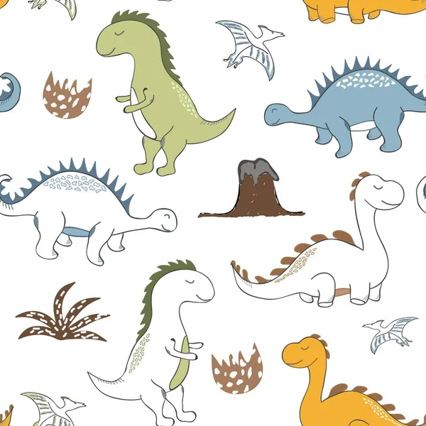 Barnslig dinosaurie sömlöst mönster för mode kläder, tyg, t-shirts. handritad vektor — Stock vektor