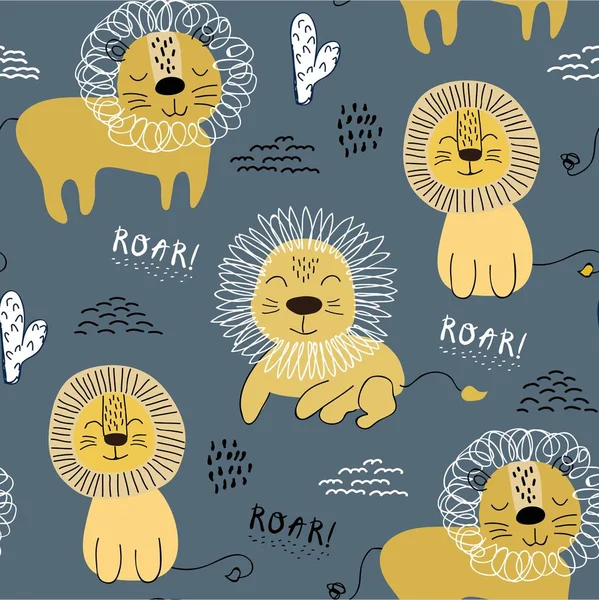 Sömlöst mönster med lejon, bakgrund för barn tyg, textil, plantskola dekoration, omslagspapper — Stock vektor