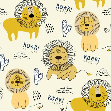 Aslanlar ile dikişsiz desen, çocuk kumaş, tekstil, kreş dekorasyon, ambalaj kağıdı için arka plan