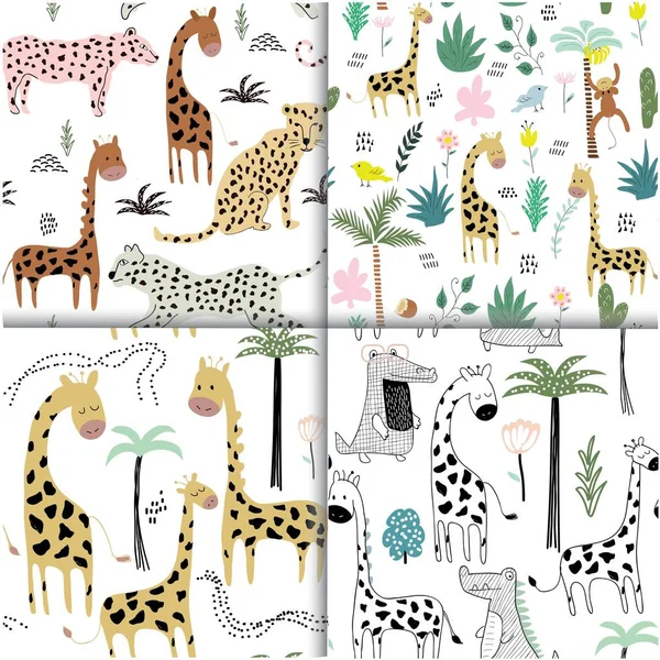 Zürafa ve tropikal unsurları ile çocuksu orman dokusu. sorunsuz desen. Vektör — Stok Vektör
