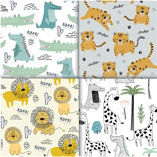 Conjunto de patrones con diferentes animales para niños ropa, tela — Archivo Imágenes Vectoriales