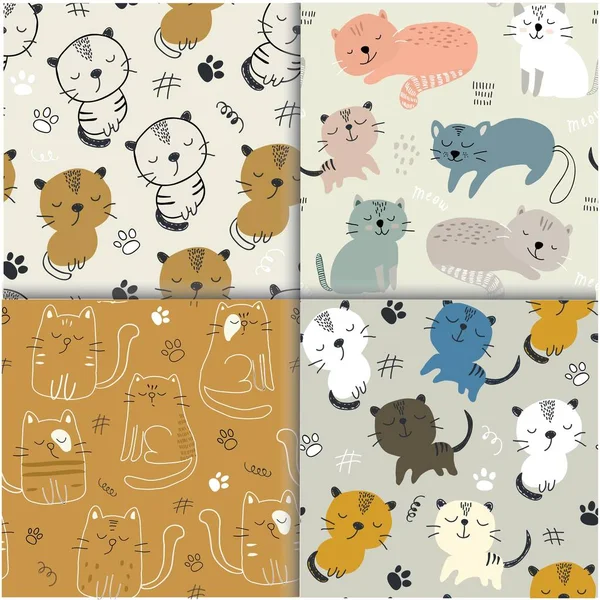 Набор бесшовных шаблонов с милыми кошками. векторная иллюстрация для текстиля, ткани . — стоковый вектор