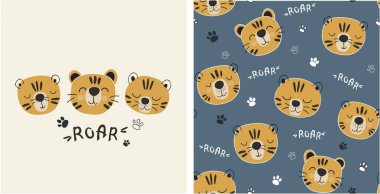 Bir grup kaplan izi ve sevimli kaplanlı kusursuz desen. Vektör çizimi.