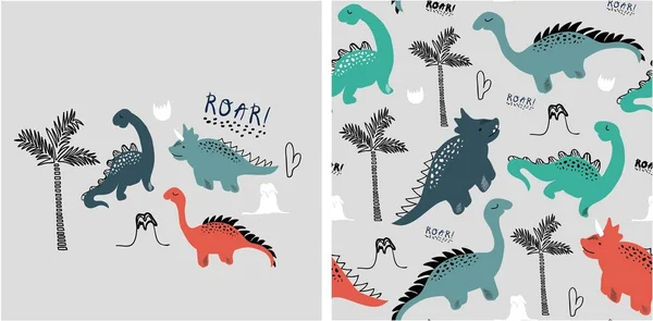 Uppsättning söta dinosaurier tryck och sömlösa mönster med dinosaurier. vektor illustration — Stock vektor