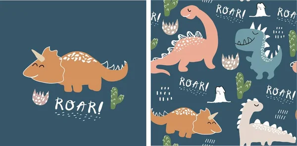 Uppsättning söta dinosaurier tryck och sömlösa mönster med dinosaurier. vektor illustration — Stock vektor