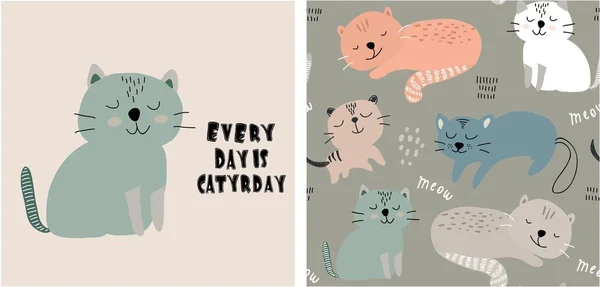 Σύνολο χαριτωμένο αποτύπωμα γάτας και αδιάλειπτη μοτίβο με γάτες. διάνυσμα — Διανυσματικό Αρχείο
