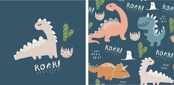 Conjunto de estampado de dinosaurio lindo y patrón sin costuras con dinosaurios. ilustración vectorial — Archivo Imágenes Vectoriales