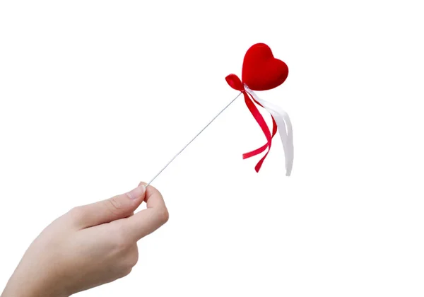 Hand Holding Red Heart Ribbons White Background — Stock Photo, Image
