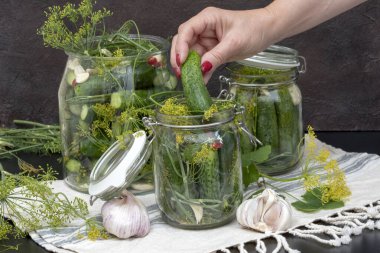 Kadın elleri cam kavanozu salatalıkla açıyor.