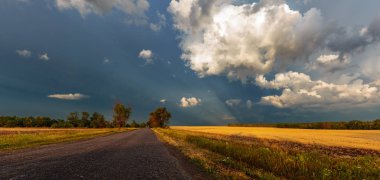 Gökyüzü için bir yol. Gökyüzü için asphalted bir yol açar. Fırtına bulutları arka yolda. Yol kenarı ve Mısır gevreği alan