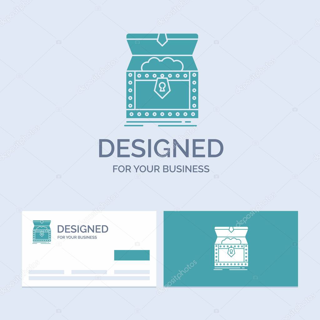 Box, chest, gold, reward, treasure Business Logo Glyph Icon Symbol for your business. Turquoise Business Cards with Brand logo template.