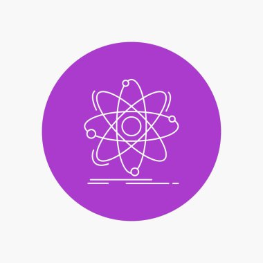 Atom, bilim, kimya, fizik, nükleer beyaz çizgisi simgesinde daire arka plan. vektör simge tasarlamak