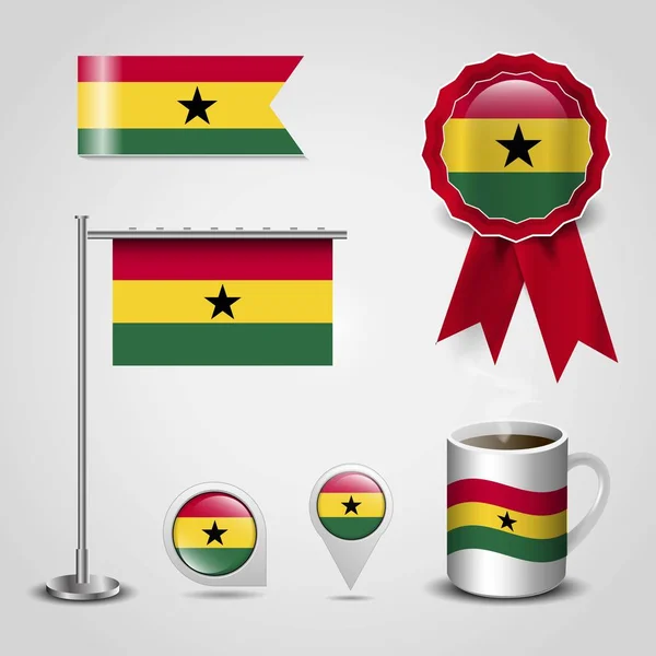 Ghana País Bandera Lugar Mapa Pin Acero Poste Cinta Insignia — Vector de stock