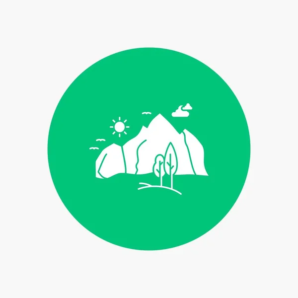 Colina Paisaje Naturaleza Montaña Árbol White Glyph Icon Circle Ilustración — Vector de stock