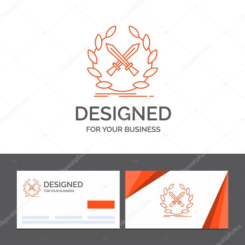 Business logo template for battle, emblem, game, label, swords. Orange Visiting Cards with Brand logo template