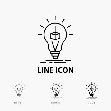 3D küp, fikir, ampul, baskı, ince, normal ve kalın çizgi stili simgesini kutu. Vektör çizim