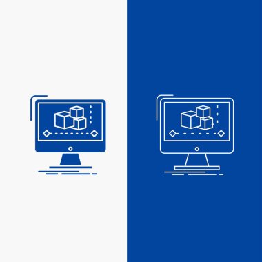 Animasyon, bilgisayar, Editör, monitör, yazılım hat ve glif web UI ve Ux, Web sitesi veya mobil uygulama için mavi renkte Dikey Banner düğme