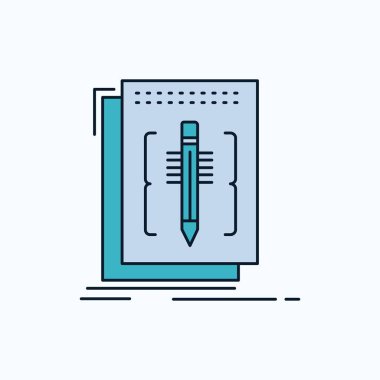 Kod, düzenleme, Editör, dil, düz simgesi programı. yeşil ve sarı işaret ve sembolleri Web sitesi ve mobil appliation için. vektör çizim