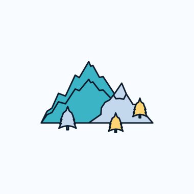 dağ, Doğa, manzara, tepe düz simgesi ağaç. yeşil ve sarı işaret ve sembolleri Web sitesi ve mobil appliation için. vektör çizim