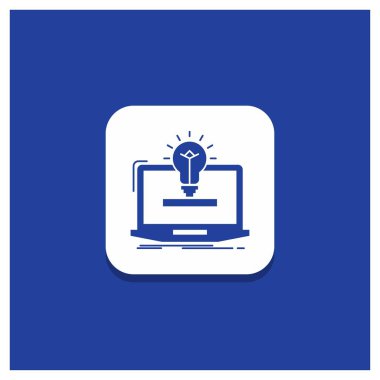 Dizüstü bilgisayar, çözüm, fikir, ampul, çözüm glif simgesi mavi yuvarlak düğmesi