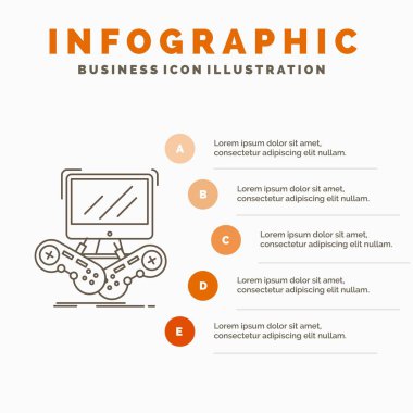 Oyun, oyun, internet, çok oyunculu, online Infographics şablon web sitesi ve sunum için. Gri simgesi turuncu Infographic stil vektör çizim ile satır