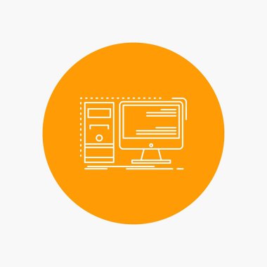 Bilgisayar, Masaüstü, donanım, iş istasyonu, sistem beyaz çizgisi simgesinde daire arka plan. vektör simge tasarlamak