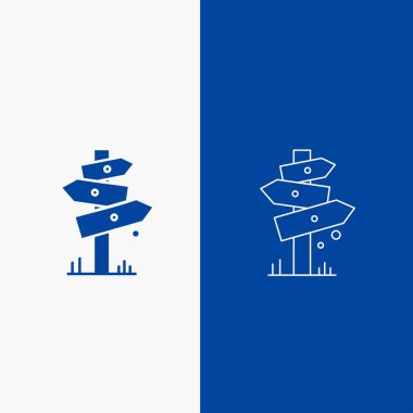 Yönü, Yönetim Kurulu, kamp, işaret, etiket satırı ve glif web UI ve Ux, Web sitesi veya mobil uygulama için mavi renkte Dikey Banner düğme
