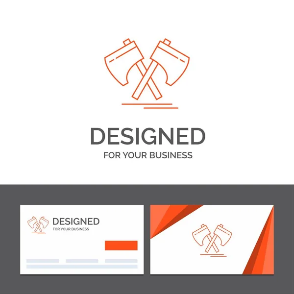 Logo Vorlage Für Axt Beil Werkzeug Fräser Wikinger Orangefarbene Visitenkarten — Stockvektor