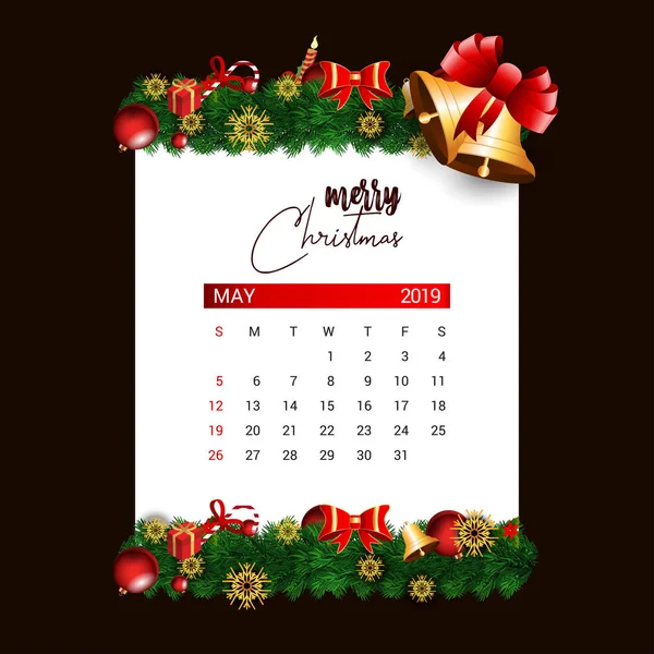 2019 May Calendar Design Template Christmas New Year Decoration — Stock Vector
