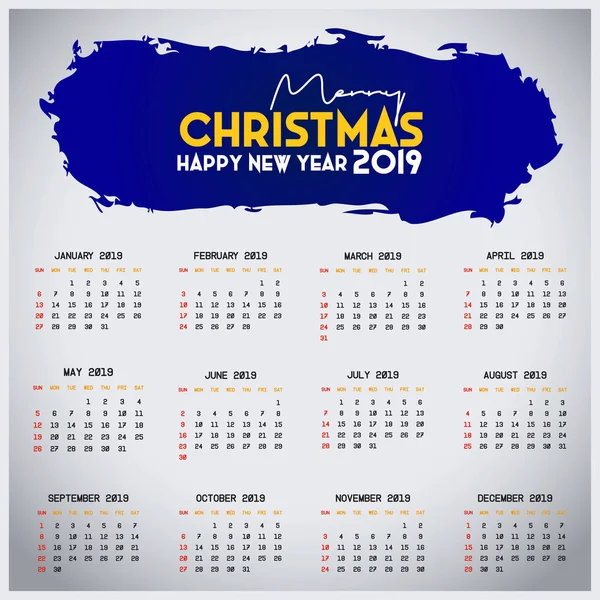 Plantilla Calendario 2019 Navidad Feliz Año Nuevo Fondo — Vector de stock