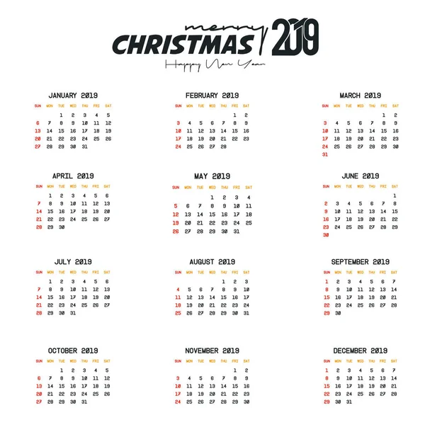 Modelo Calendário 2019 Natal Feliz Ano Novo Fundo — Vetor de Stock