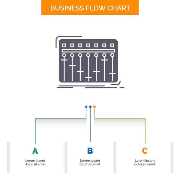 Консоль, ди-джей, микст, музыка, студия Business Flow Chart Design с 3 шагами. Икона "Глиф" для представления фонового шаблона
.