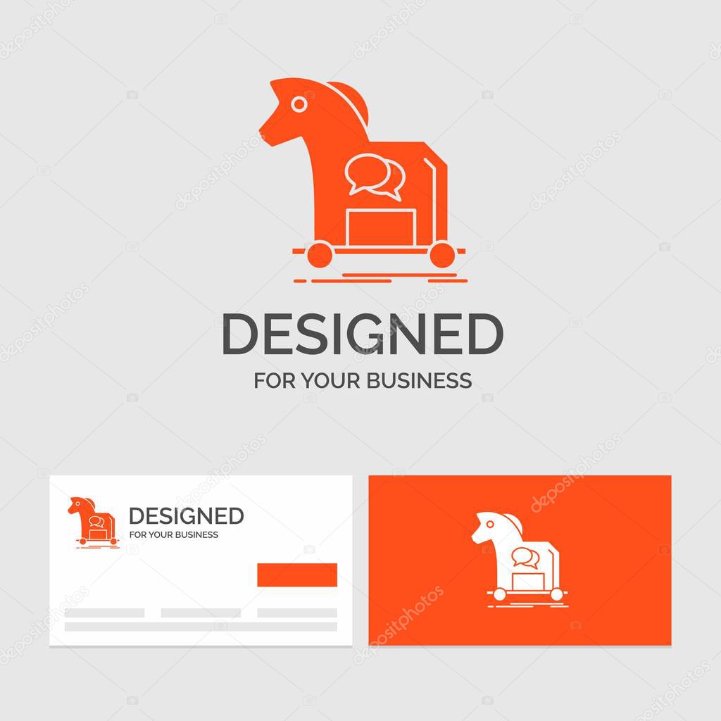 Business logo template for Cybercrime, horse, internet, trojan, virus. Orange Visiting Cards with Brand logo template.
