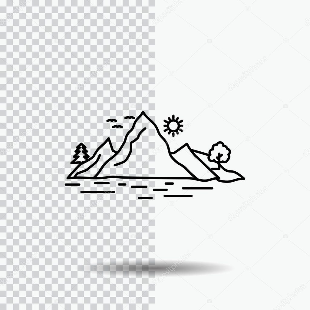 Nature, hill, landscape, mountain, tree Line Icon on Transparent Background. Black Icon Vector Illustration